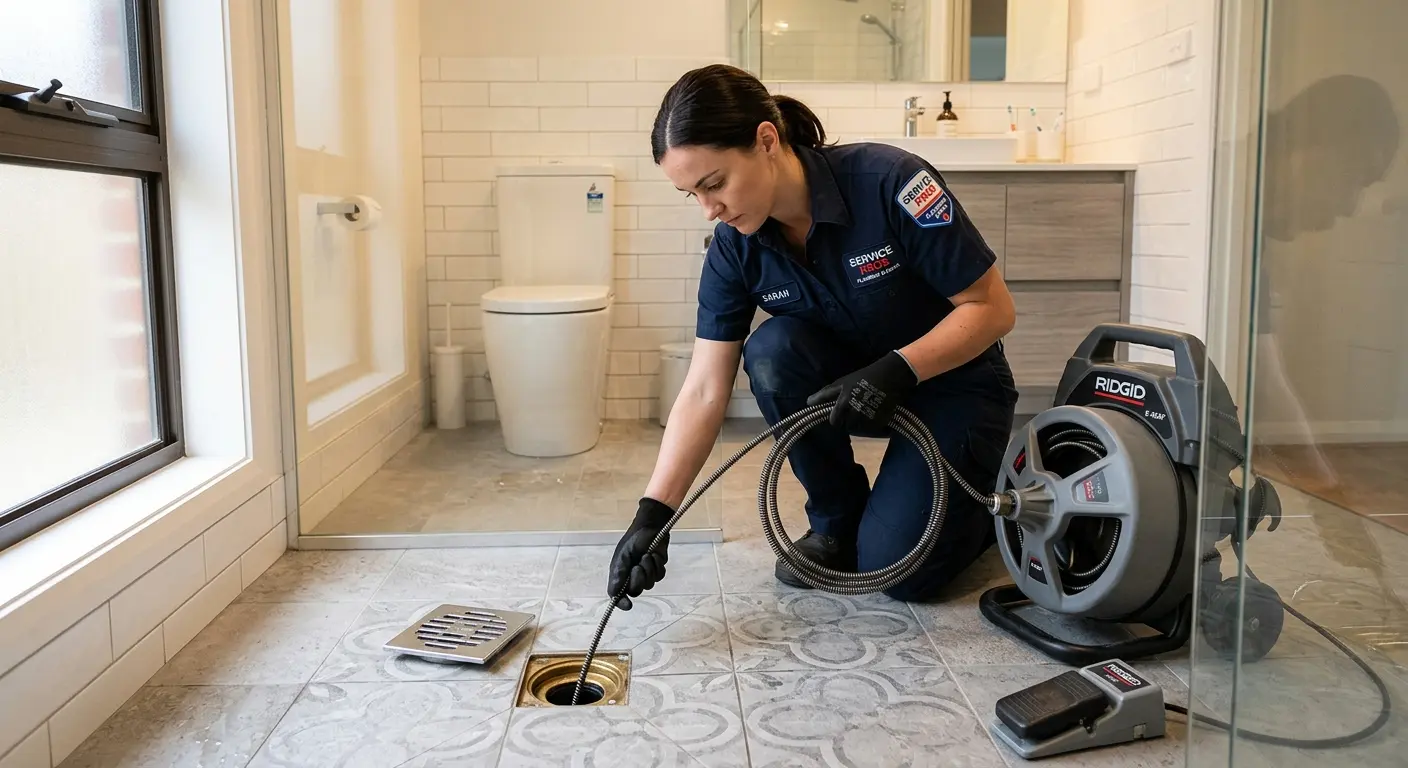 Technician clearing a bathroom floor drain for Sewer Line Replacement in Ogden
